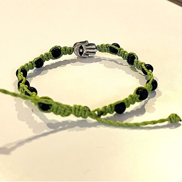 Silver Hamsa & Black Lava Bead Macrame Handmade Adjustable Bead Bracelet Unisex - Picture 2 of 5